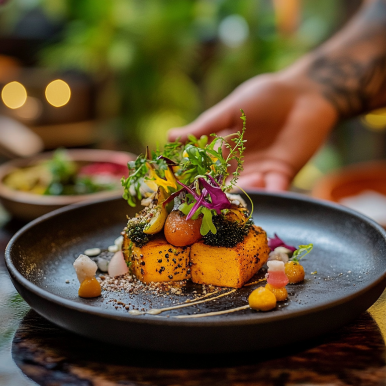 Featured image showcasing a stylish vegan restaurant setting with vibrant plant-based dishes and happy diners