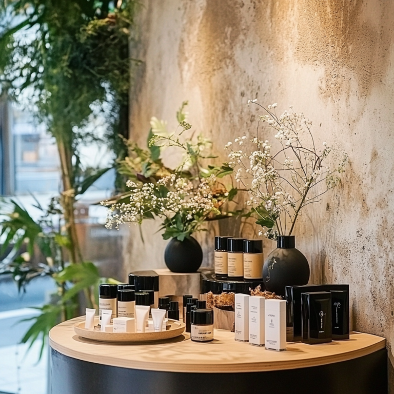 Featured image showcasing an elegant display of vegan beauty and wellness products arranged on a stylish vanity