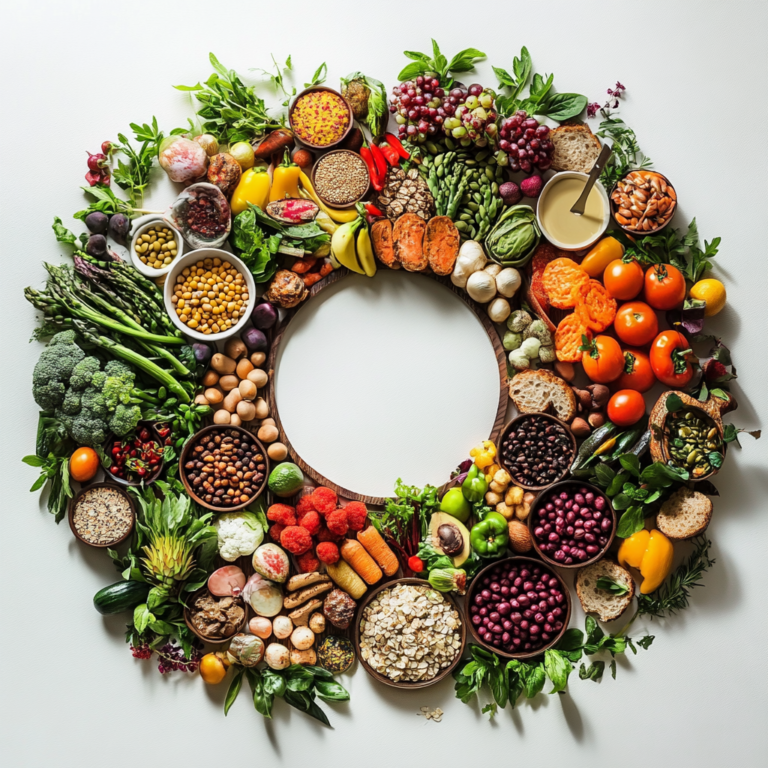 Featured image showcasing a beautifully arranged vegan meal with diverse food groups including fruits, vegetables, grains, and legumes