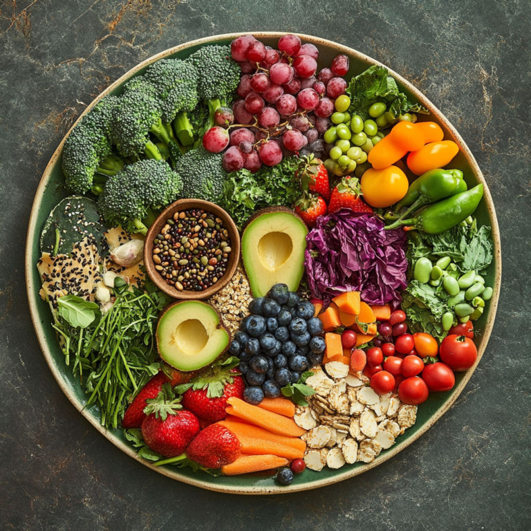 Featured image showcasing a beautifully arranged vegan plate with fiber-rich ingredients including fruits, vegetables, whole grains, and legumes
