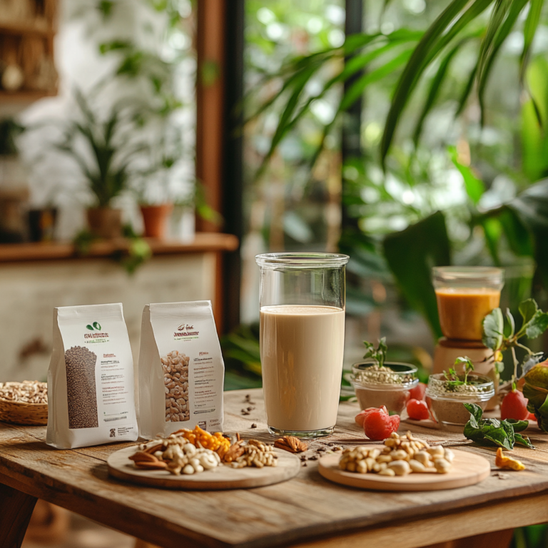 Featured image showing a collection of nutrition labels from various vegan products arranged artfully on a table