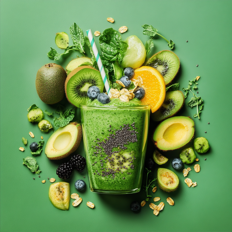 Featured image: A vibrant vegan smoothie bowl with fresh fruits and greens, representing detox and energy