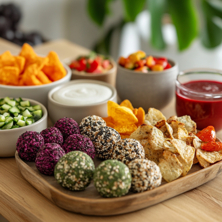 Featured image of a vibrant display of healthy vegan snacks including energy balls, veggie chips, and smoothie bowls