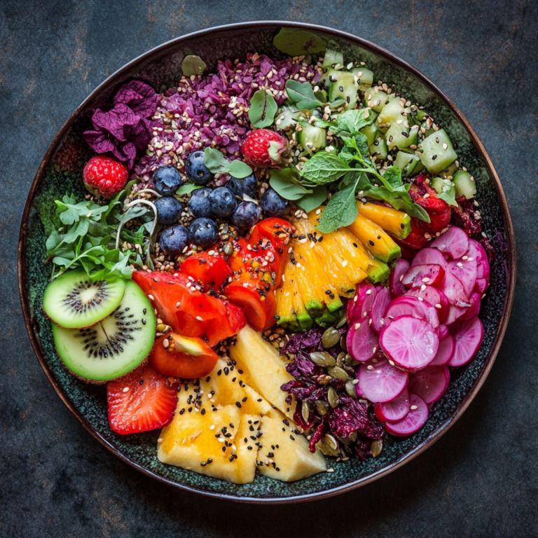 Featured image showcasing a beautifully arranged vegan plate with an array of superfoods including kale, blueberries, chia seeds, and quinoa
