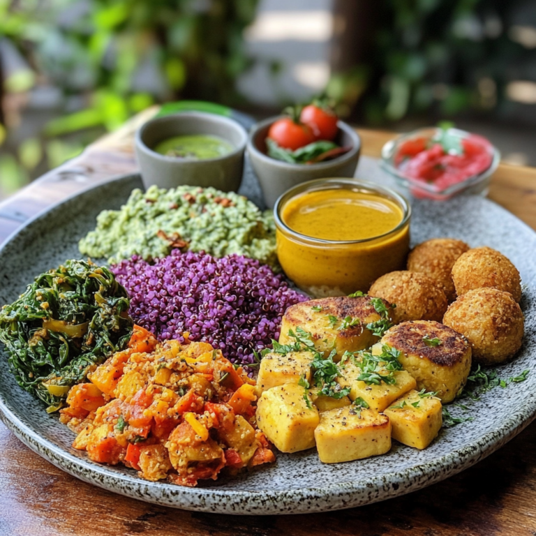 Vegan energy-boosting meal featuring fresh vegetables, grains, and plant-based protein for a nutritious and revitalizing diet.