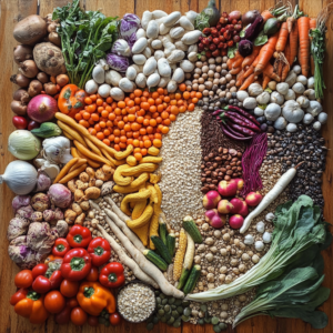 A vibrant assortment of plant-based protein sources including legumes, nuts, and grains arranged on a natural wooden surface.