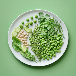 A beautifully plated vegan meal rich in proteins, featuring a colorful array of vegetables, grains, and greens on a neutral background.