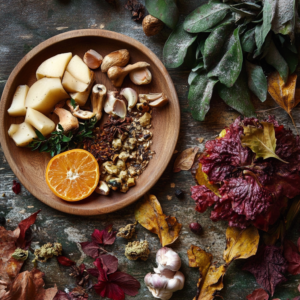 A rustic autumn vegan dish featuring roasted root vegetables and quinoa, surrounded by fallen leaves