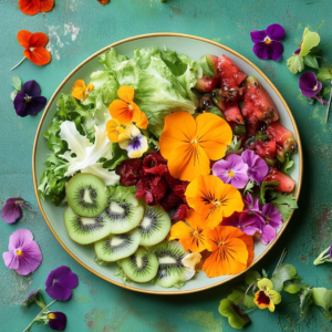 A vibrant spring vegan salad with fresh greens, radishes, and edible flowers