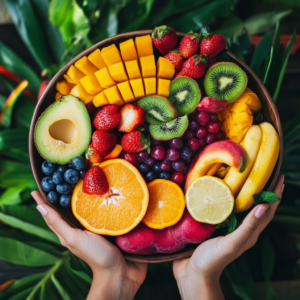 A colorful summer vegan plate featuring grilled vegetables and a vibrant mango salsa