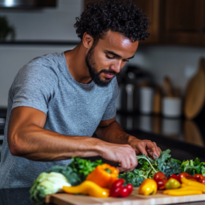 An active vegan athlete preparing a high-protein meal in a modern, well-lit kitchen with fresh ingredients.
