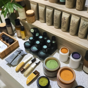 A vibrant display of diverse vegan beauty and wellness products including skincare, makeup, and holistic self-care items