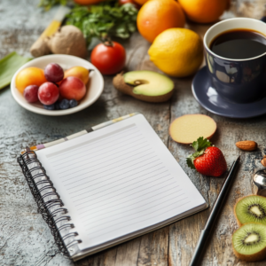 A neatly organized breakfast meal prep setup with containers, a planner, and fresh produce on a kitchen counter