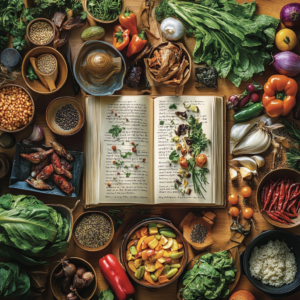 A close-up view of a beautifully designed vegan cookbook open on a kitchen counter, highlighting its vibrant photography and clear layout