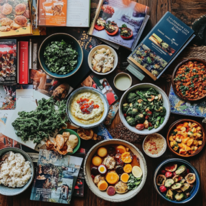 A collection of modern vegan cookbooks displayed on a shelf, representing a diverse range of recipes and culinary styles