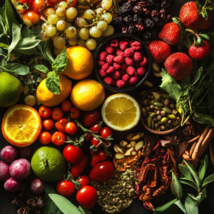 A vibrant array of fresh vegan ingredients including fruits, nuts, and spices arranged artfully on a rustic table