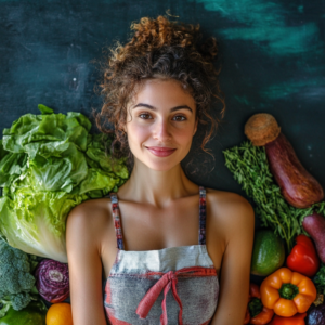 A vibrant array of fresh vegan ingredients, including vegetables, fruits, and herbs, displayed on a rustic table