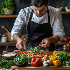 A chef preparing a vibrant vegan dish using fresh ingredients and modern cooking techniques