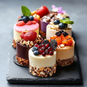 A beautifully arranged assortment of vegan desserts including cakes, cookies, and sorbets, showcasing vibrant colors and textures