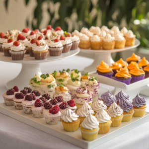 A beautifully arranged plate of colorful vegan desserts including cakes, cookies, and fruit tarts