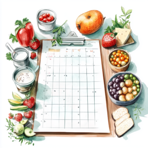 A well-organized vegan meal plan displayed on a chalkboard with fresh produce in the background