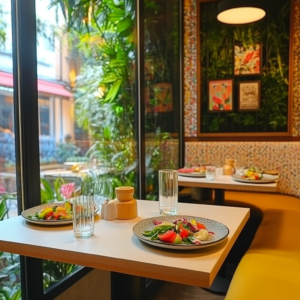 A stylish vegan restaurant setting with vibrant plant-based dishes and smiling diners