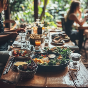 A stylish vegan restaurant setting with vibrant plant-based dishes and smiling diners