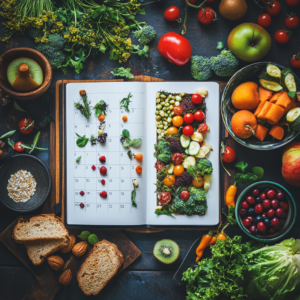 A well-organized vegan meal plan featuring high-fiber breakfast, lunch, dinner, and snack ideas