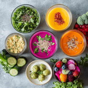A visually appealing display of fiber-rich vegan recipes, including smoothie bowls, salads, and energy ball creations