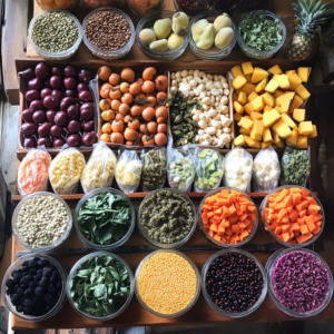 A vibrant assortment of fiber-rich vegan foods including fruits, vegetables, legumes, and whole grains
