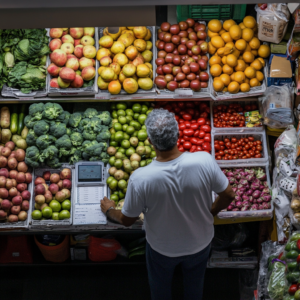 A shopper selecting fresh, colorful produce in a local market, with a focus on nutritional labels