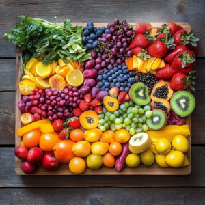 Vibrant display of fresh fruits, vegetables, and whole grains representing the vegan lifestyle