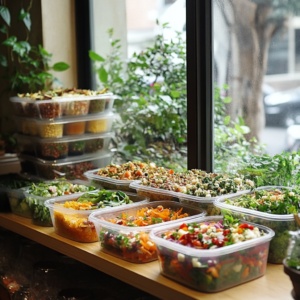 Assorted vegan meal prep containers filled with colorful salads, grains, and roasted vegetables