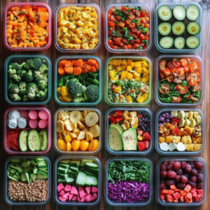 A variety of colorful vegan meal prep containers filled with balanced meals for the week.