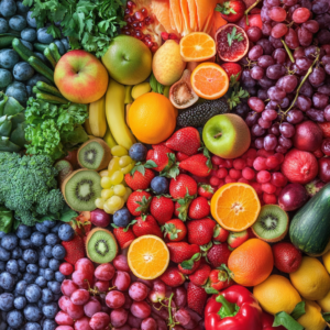A colorful display of fresh fruits, vegetables, legumes, and whole grains symbolizing balanced vegan nutrition