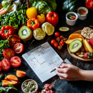 A neatly organized meal plan on a table with a planner and fresh produce, illustrating balanced vegan meal planning