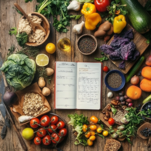 A neatly organized meal plan on a table with a planner and fresh produce, illustrating balanced vegan meal planning