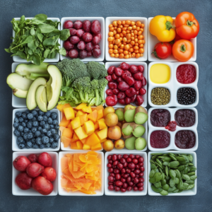 A variety of nutrient-rich vegan foods, including leafy greens, legumes, and fortified plant milks, arranged appealingly