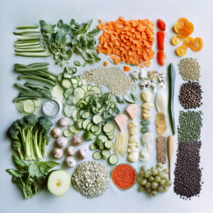 A variety of nutrient-rich vegan foods, including leafy greens, legumes, and fortified plant milks, arranged appealingly