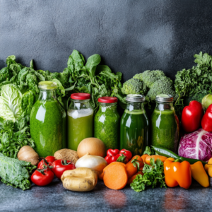 A variety of nutrient-rich vegan foods, including leafy greens, legumes, and fortified plant milks, arranged appealingly