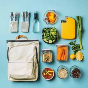 A vibrant display of portable vegan meals arranged in a stylish lunch bag