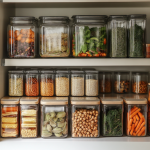 A beautifully organized kitchen collection with clearly labeled containers of grains, legumes, nuts, and spices