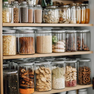 An image showcasing practical tips for organizing and managing a vegan pantry for dining out