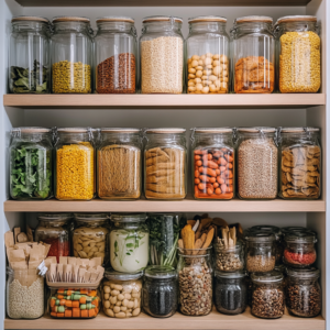 An image showing practical vegan pantry organization tips with a focus on shelf arrangement and labeling