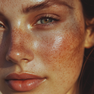 Close-up of radiant and healthy skin, enhanced by a nutrient-rich vegan diet.