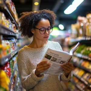 A vegan shopper reviewing a grocery list and comparing nutrition labels in a well-lit supermarket