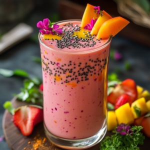 A delicious vegan smoothie in a glass, garnished with mint and fruit
