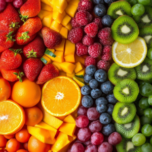 Fresh organic fruits and vegetables arranged for a vegan smoothie