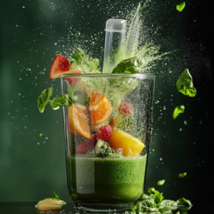 A blender filled with vibrant vegan smoothie ingredients being blended