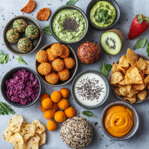 A collage of various vegan snacks including energy balls, veggie chips with dips, and colorful smoothie bowls